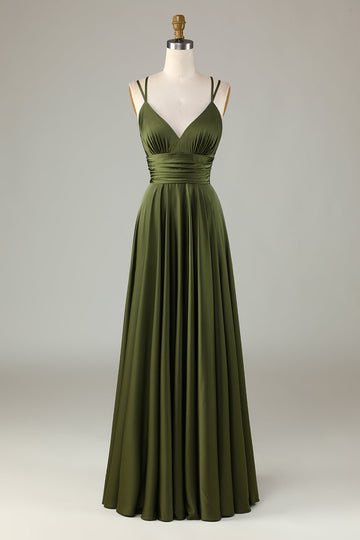 Leely Women Olive Long Bridesmaid Dress A-Line Sleeveless Formal Wedding Guest Dress